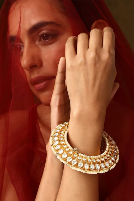 Swabhimann_Gold Plated Crystals, Diamonds, Pearls Polki Embellished Kada _Online_at_Aza_Fashions