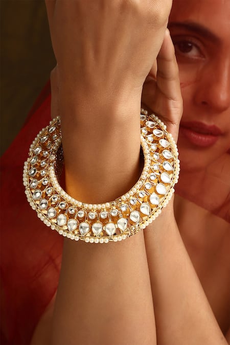 Buy_Swabhimann_Gold Plated Crystals, Diamonds, Pearls Polki Embellished Kada _Online_at_Aza_Fashions