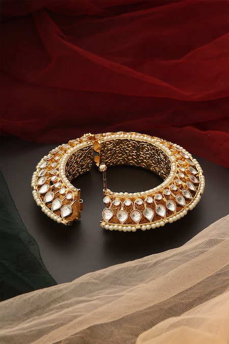 Shop_Swabhimann_Gold Plated Crystals, Diamonds, Pearls Polki Embellished Kada _Online_at_Aza_Fashions