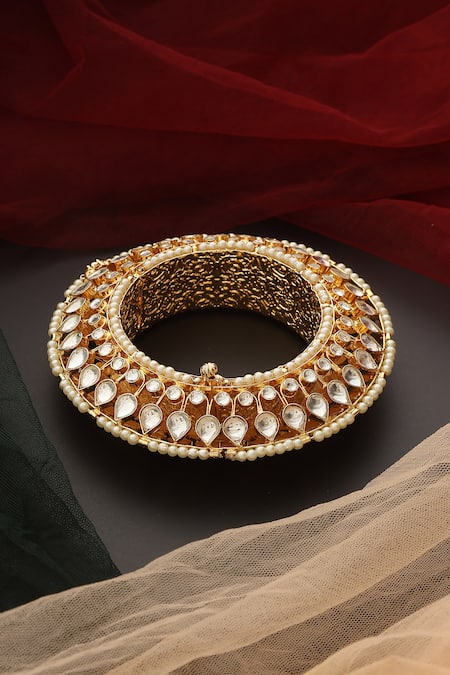Shop_Swabhimann_Gold Plated Crystals, Diamonds, Pearls Polki Embellished Kada _at_Aza_Fashions