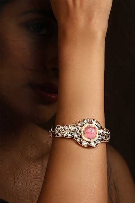 Swabhimann_Pink Crystals Kundan Embellished Bracelet _Online_at_Aza_Fashions