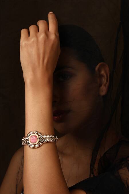 Buy_Swabhimann_Pink Crystals Kundan Embellished Bracelet _Online_at_Aza_Fashions