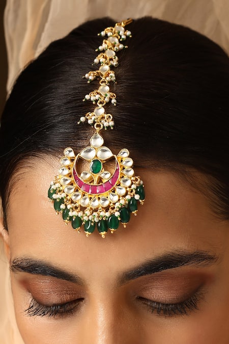 Shop_Swabhimann_Multi Color Crescent Moon Cutwork Maangtikka _Online_at_Aza_Fashions