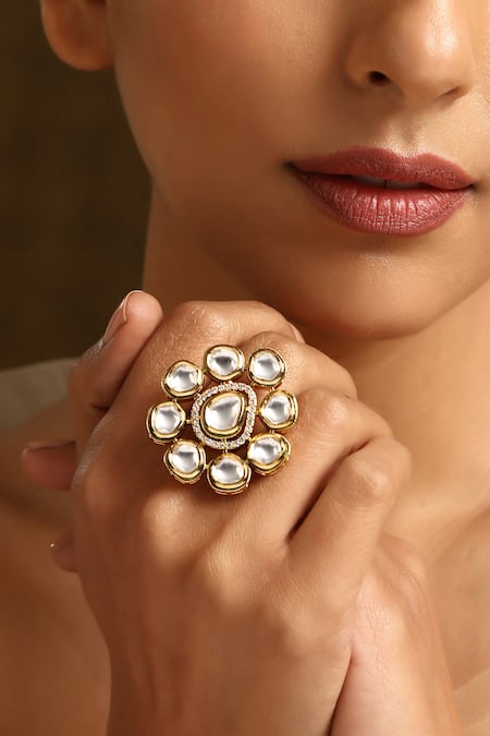 Shop_Swabhimann_Gold Plated Stones Kundan Work Ring _Online_at_Aza_Fashions