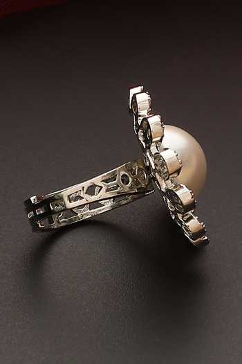 Swabhimann_White Pearls, Zari Floral Cutwork Zircon Embellished Ring_Online_at_Aza_Fashions