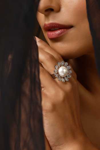 Buy_Swabhimann_White Pearls, Zari Floral Cutwork Zircon Embellished Ring_Online_at_Aza_Fashions