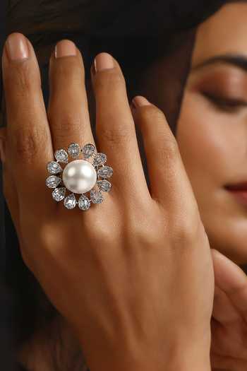 Shop_Swabhimann_White Pearls, Zari Floral Cutwork Zircon Embellished Ring_Online_at_Aza_Fashions
