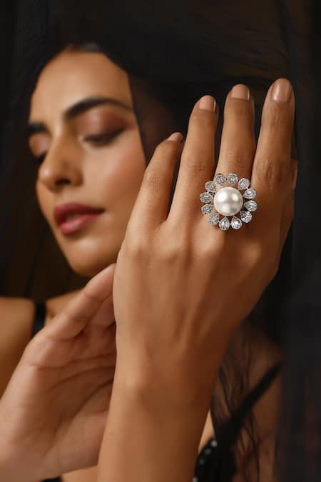 SWABHIMANN White Zircon Floral Cutwork Embellished Ring 