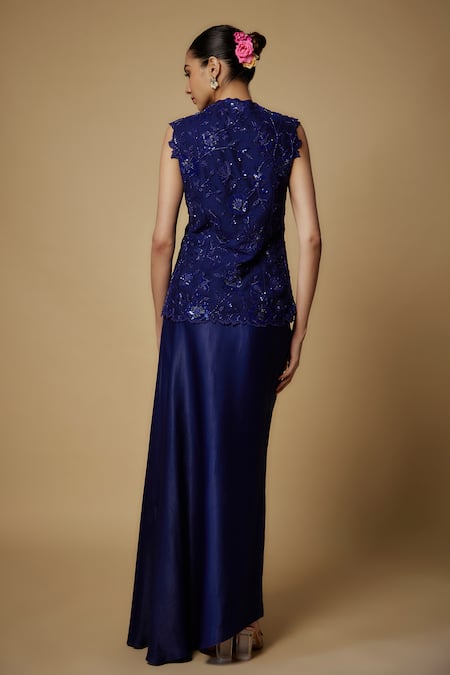 Shop Maisolos Blue Net, Crepe, Satin Sequins V-neck Floral Embroidered Jacket With Skirt at Aza Fashions Shop_Maisolos_Blue Net, Crepe, Satin Sequins V-neck Floral Embroidered Jacket With Skirt _at_Aza_Fashions