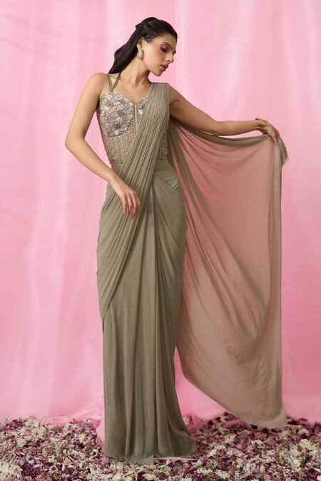 Buy_Alaya Advani_Gold Blouse Net, Saree Imported Korean Silk Plain Pre-draped With Embroidered_Online_at_Aza_Fashions