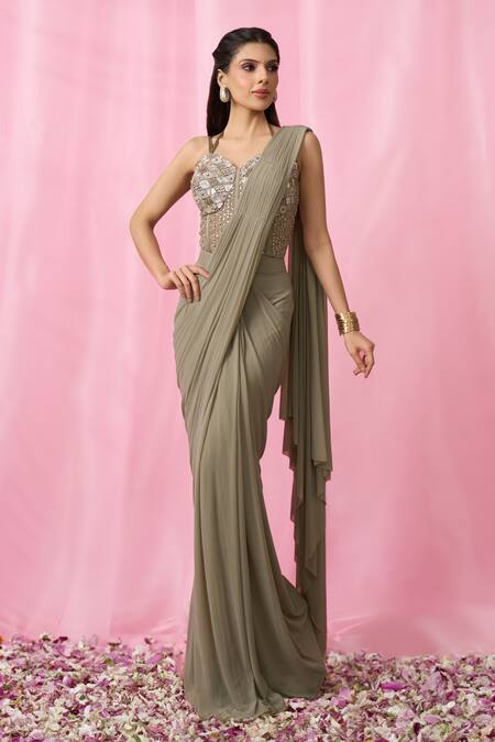 Shop_Alaya Advani_Gold Blouse Net, Saree Imported Korean Silk Plain Pre-draped With Embroidered_Online_at_Aza_Fashions