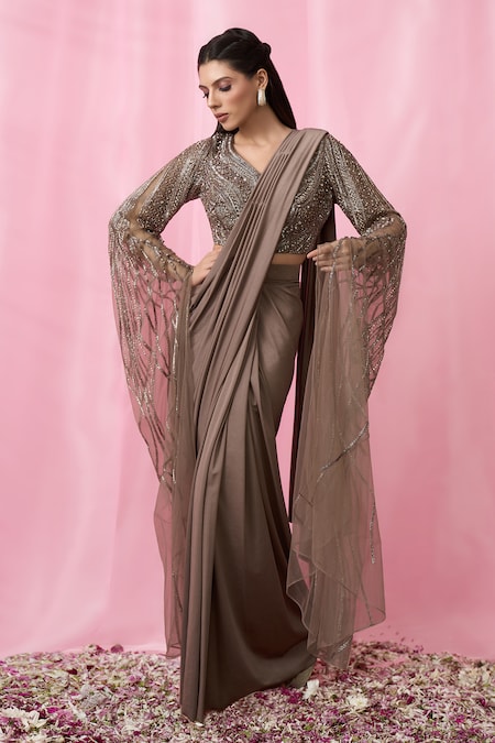 Alaya Advani Brown Saree Imported Korean Silk Leaf Pre-draped With Embellished Blouse