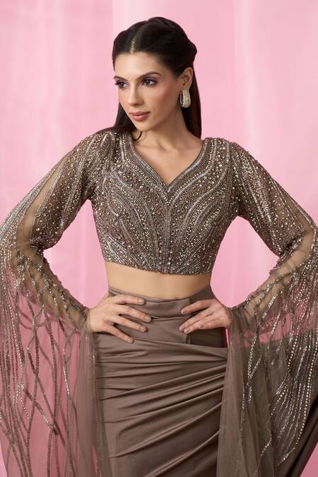 Alaya Advani_Brown Silk, Net Sequins Asymmetric Pre-draped Saree With Embellished Blouse_Online_at_Aza_Fashions