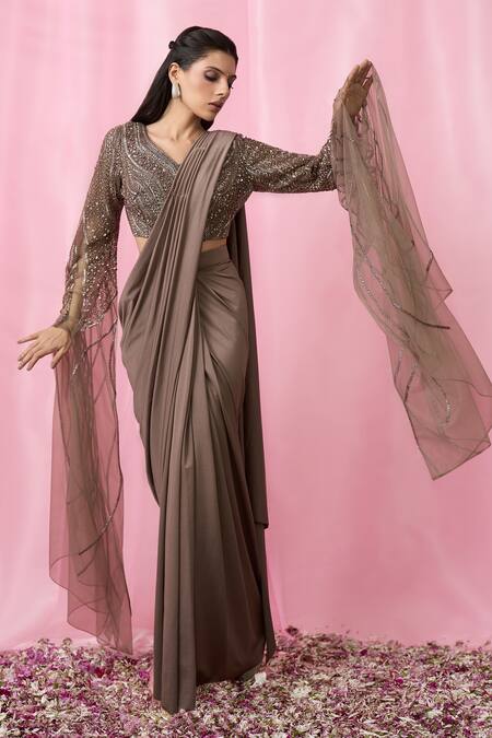 Buy_Alaya Advani_Brown Silk, Net Sequins Asymmetric Pre-draped Saree With Embellished Blouse_Online_at_Aza_Fashions