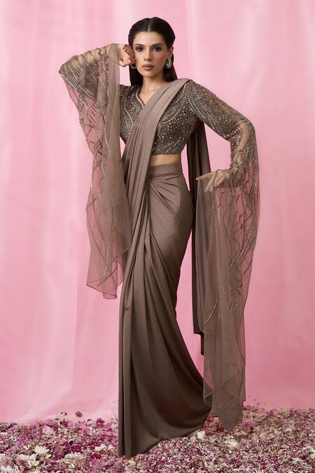 Shop_Alaya Advani_Brown Silk, Net Sequins Asymmetric Pre-draped Saree With Embellished Blouse_Online_at_Aza_Fashions