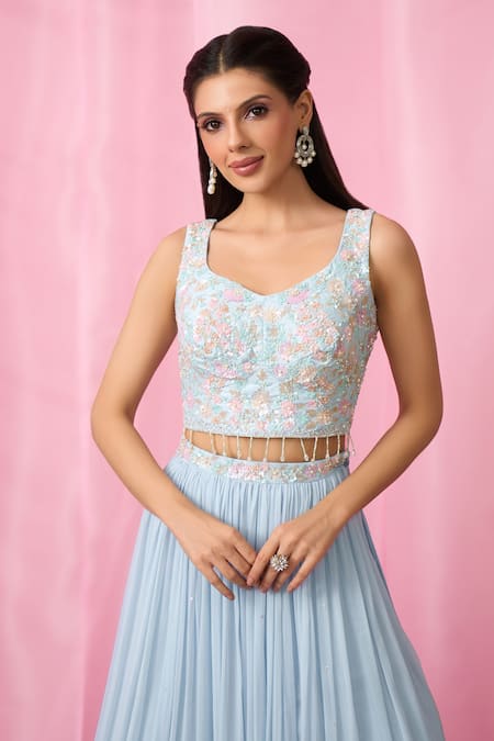 Aariyana Couture Blue Silk, Net, Georgette Sequins, Tassels Embellished Pleated Lehenga Set Online at Aza Fashions Aariyana Couture_Blue Silk, Net, Georgette Sequins, Tassels Embellished Pleated Lehenga Set _Online_at_Aza_Fashions