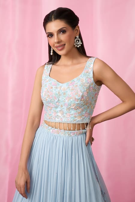 Buy Aariyana Couture Blue Silk, Net, Georgette Sequins, Tassels Embellished Pleated Lehenga Set Online at Aza Fashions Buy_Aariyana Couture_Blue Silk, Net, Georgette Sequins, Tassels Embellished Pleated Lehenga Set _Online_at_Aza_Fashions
