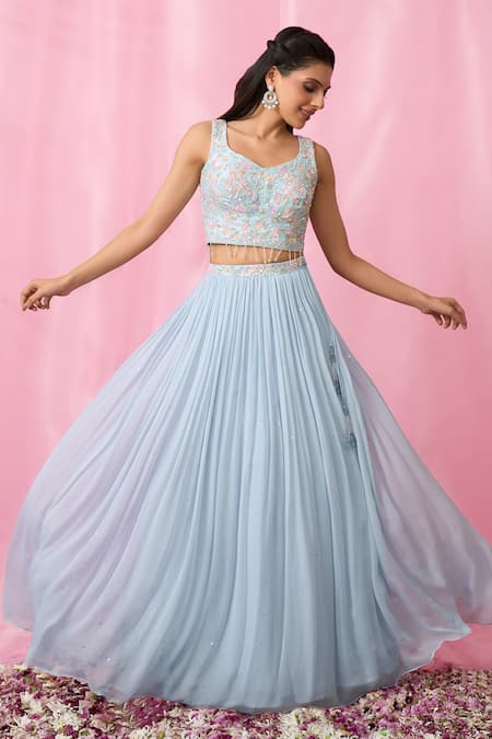 Buy Aariyana Couture Blue Silk, Net, Georgette Sequins, Tassels Embellished Pleated Lehenga Set Buy_Aariyana Couture_Blue Silk, Net, Georgette Sequins, Tassels Embellished Pleated Lehenga Set