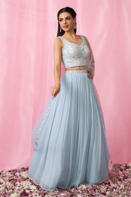 Shop Aariyana Couture Blue Silk, Net, Georgette Sequins, Tassels Embellished Pleated Lehenga Set Shop_Aariyana Couture_Blue Silk, Net, Georgette Sequins, Tassels Embellished Pleated Lehenga Set