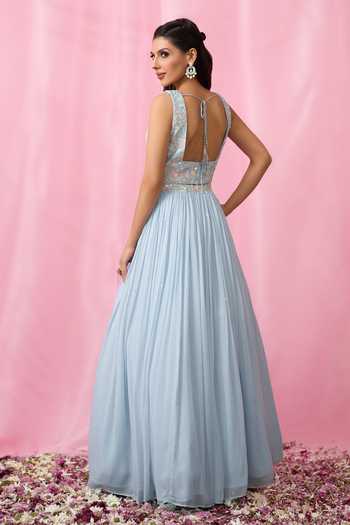 Shop Aariyana Couture Blue Silk, Net, Georgette Sequins, Tassels Embellished Pleated Lehenga Set Shop_Aariyana Couture_Blue Silk, Net, Georgette Sequins, Tassels Embellished Pleated Lehenga Set