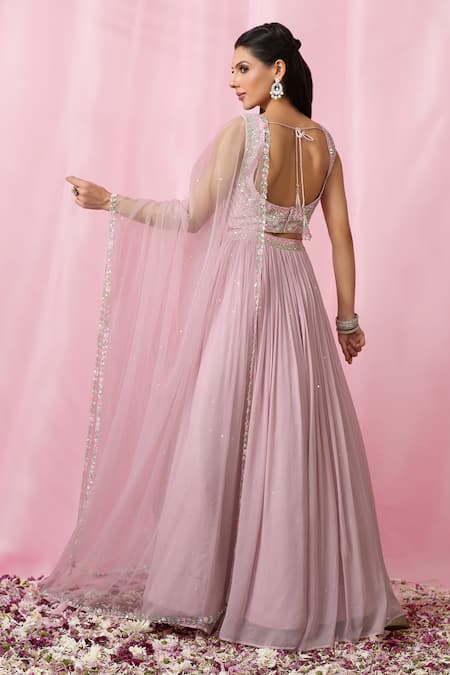 Shop_Aariyana Couture_Pink Silk, Net, Georgette Sequins, Cut Work, Pearls, Embellished Lehenga Set _at_Aza_Fashions