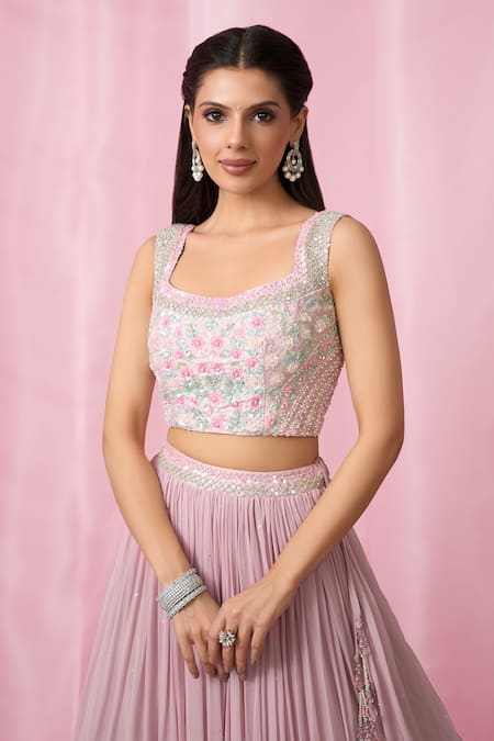 Aariyana Couture_Pink Silk, Net, Georgette Sequins, Cut Work, Pearls, Embellished Lehenga Set _Online_at_Aza_Fashions