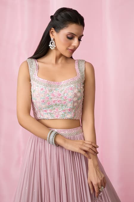 Buy_Aariyana Couture_Pink Silk, Net, Georgette Sequins, Cut Work, Pearls, Embellished Lehenga Set _Online_at_Aza_Fashions