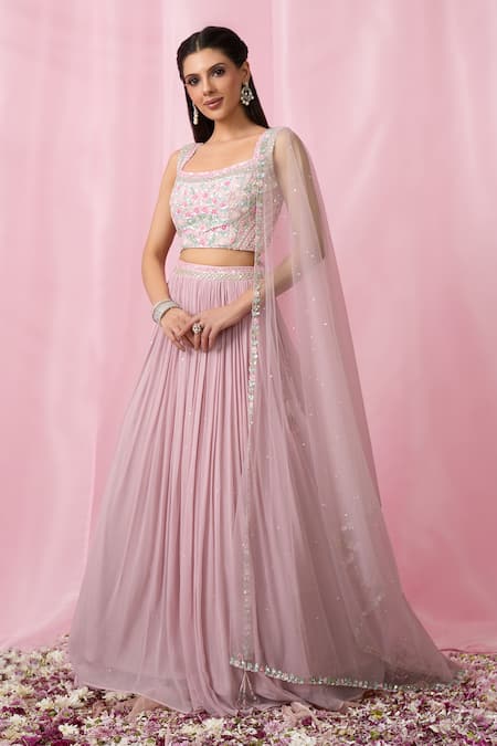 Shop_Aariyana Couture_Pink Silk, Net, Georgette Sequins, Cut Work, Pearls, Embellished Lehenga Set _Online_at_Aza_Fashions