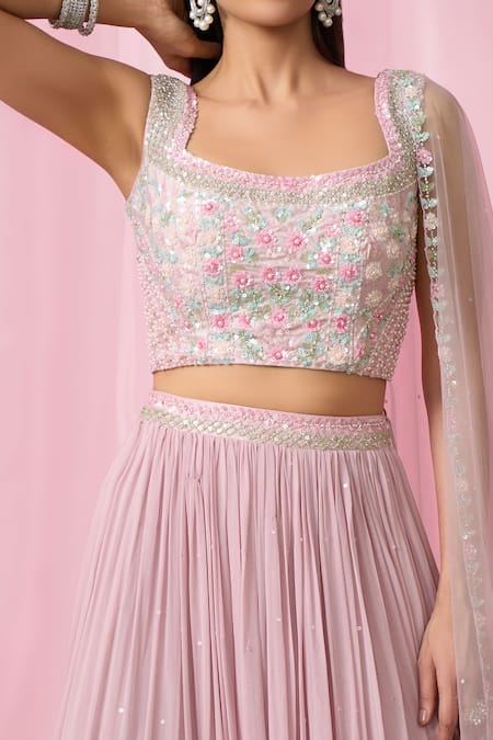 Aariyana Couture_Pink Silk, Net, Georgette Sequins, Cut Work, Pearls, Embellished Lehenga Set _at_Aza_Fashions