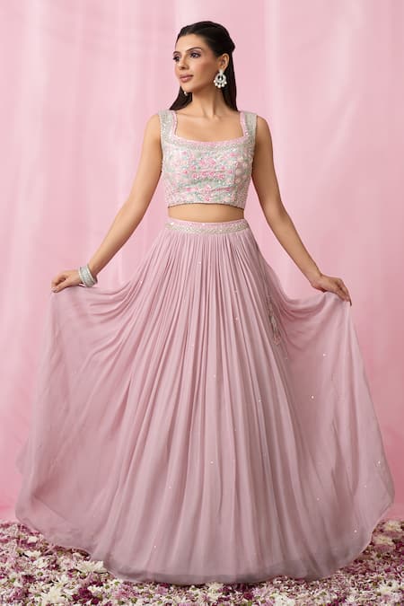 Shop_Aariyana Couture_Pink Silk, Net, Georgette Sequins, Cut Work, Pearls, Embellished Lehenga Set 