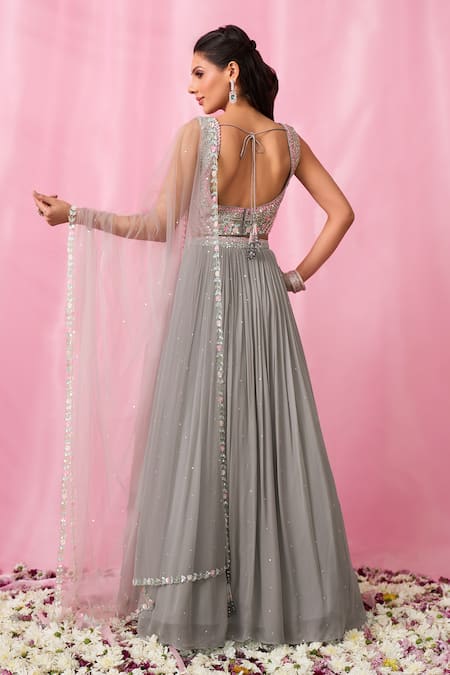 Shop Aariyana Couture Grey Silk, Net, Georgette Cut Work, Sequins, Pearls Embroidered Lehenga Set at Aza Fashions Shop_Aariyana Couture_Grey Silk, Net, Georgette Cut Work, Sequins, Pearls Embroidered Lehenga Set _at_Aza_Fashions