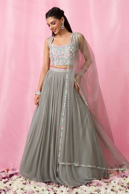 Aariyana Couture Grey Silk, Net, Georgette Cut Work, Sequins, Pearls Embroidered Lehenga Set Online at Aza Fashions Aariyana Couture_Grey Silk, Net, Georgette Cut Work, Sequins, Pearls Embroidered Lehenga Set _Online_at_Aza_Fashions