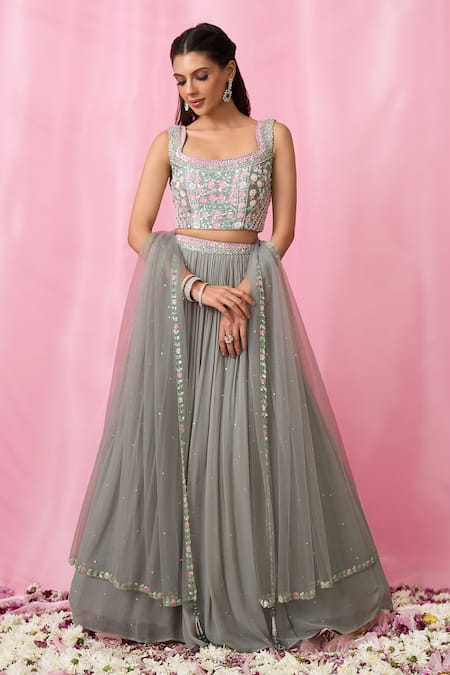 Buy Aariyana Couture Grey Silk, Net, Georgette Cut Work, Sequins, Pearls Embroidered Lehenga Set Online at Aza Fashions Buy_Aariyana Couture_Grey Silk, Net, Georgette Cut Work, Sequins, Pearls Embroidered Lehenga Set _Online_at_Aza_Fashions