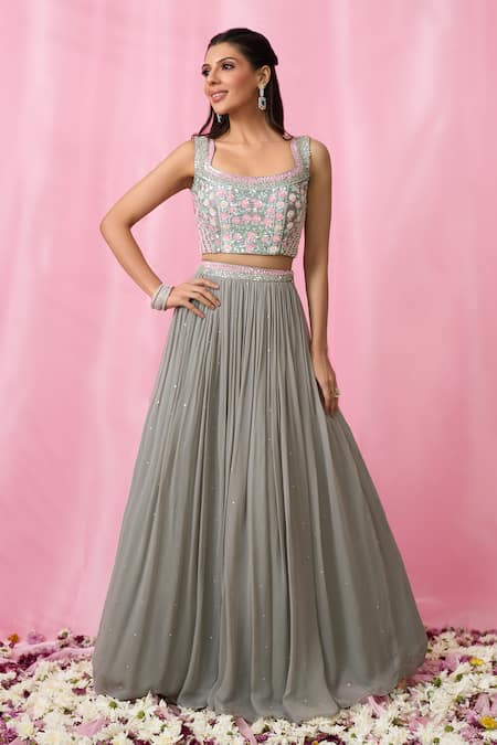 Shop Aariyana Couture Grey Silk, Net, Georgette Cut Work, Sequins, Pearls Embroidered Lehenga Set Online at Aza Fashions Shop_Aariyana Couture_Grey Silk, Net, Georgette Cut Work, Sequins, Pearls Embroidered Lehenga Set _Online_at_Aza_Fashions