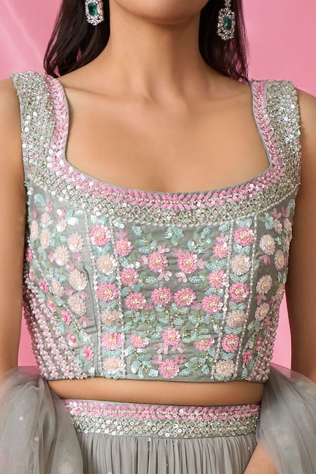 Aariyana Couture Grey Silk, Net, Georgette Cut Work, Sequins, Pearls Embroidered Lehenga Set at Aza Fashions Aariyana Couture_Grey Silk, Net, Georgette Cut Work, Sequins, Pearls Embroidered Lehenga Set _at_Aza_Fashions