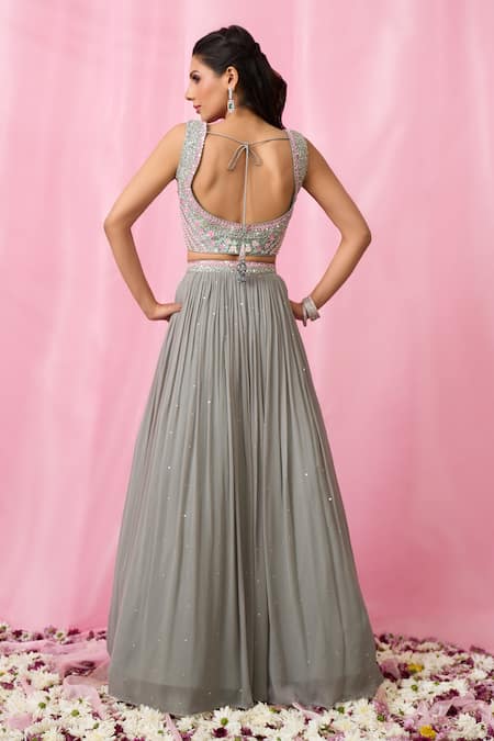 Buy Aariyana Couture Grey Silk, Net, Georgette Cut Work, Sequins, Pearls Embroidered Lehenga Set Buy_Aariyana Couture_Grey Silk, Net, Georgette Cut Work, Sequins, Pearls Embroidered Lehenga Set