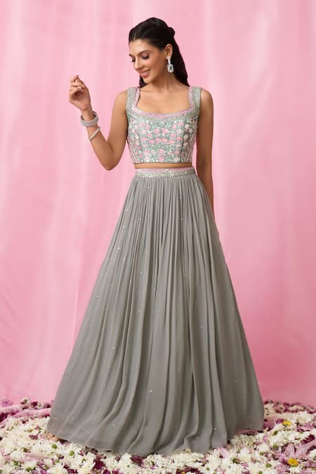 Shop Aariyana Couture Grey Silk, Net, Georgette Cut Work, Sequins, Pearls Embroidered Lehenga Set Shop_Aariyana Couture_Grey Silk, Net, Georgette Cut Work, Sequins, Pearls Embroidered Lehenga Set