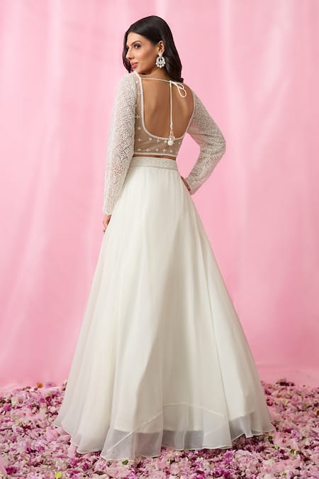 Shop_Aariyana Couture_White Net, Organza Cut Work, Pearls, Sequins Embroidered Flared Lehenga Set _at_Aza_Fashions
