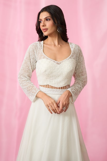Aariyana Couture_White Net, Organza Cut Work, Pearls, Sequins Embroidered Flared Lehenga Set _Online_at_Aza_Fashions