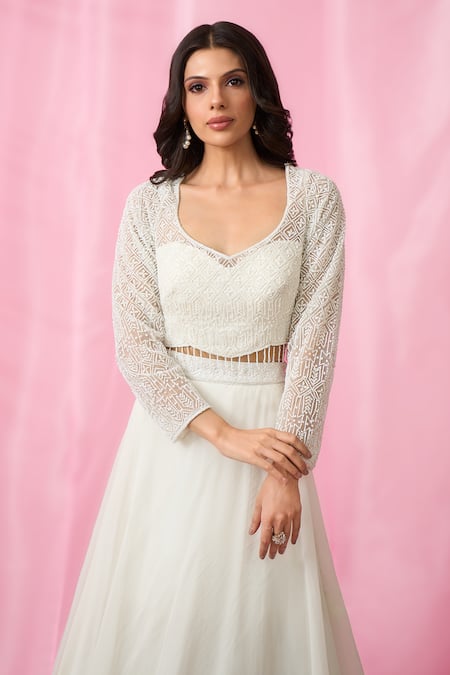 Buy_Aariyana Couture_White Net, Organza Cut Work, Pearls, Sequins Embroidered Flared Lehenga Set _Online_at_Aza_Fashions