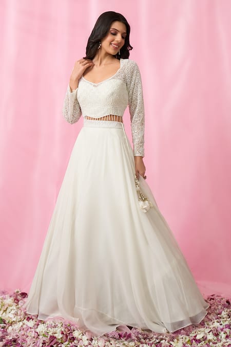 Shop_Aariyana Couture_White Net, Organza Cut Work, Pearls, Sequins Embroidered Flared Lehenga Set _Online_at_Aza_Fashions