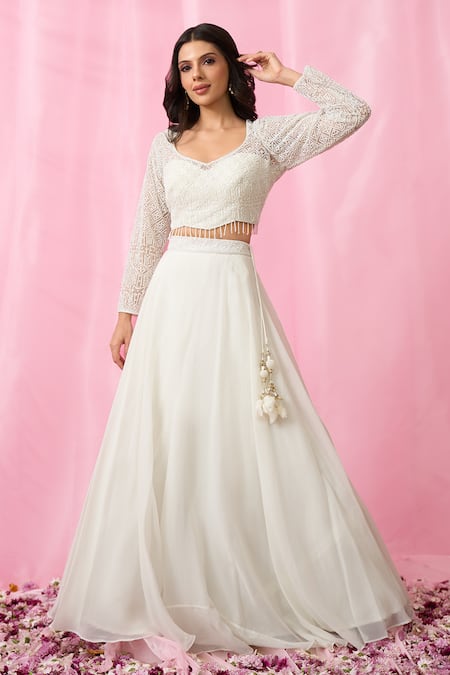 Aariyana Couture_White Net, Organza Cut Work, Pearls, Sequins Embroidered Flared Lehenga Set _at_Aza_Fashions