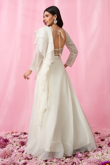 Buy_Aariyana Couture_White Net, Organza Cut Work, Pearls, Sequins Embroidered Flared Lehenga Set 