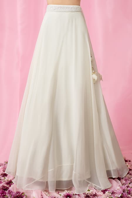 Shop_Aariyana Couture_White Net, Organza Cut Work, Pearls, Sequins Embroidered Flared Lehenga Set 