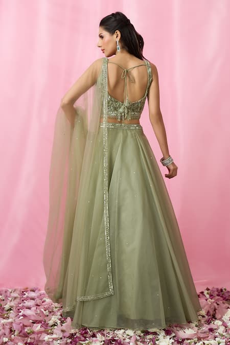 Shop_Aariyana Couture_Green Net, Organza Sequins, Cut Work Sweetheart Neck Embroidered Lehenga Set _at_Aza_Fashions