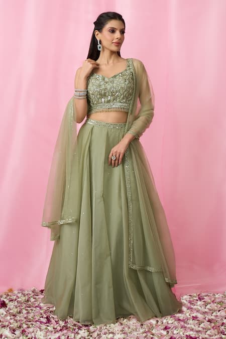 Buy_Aariyana Couture_Green Net, Organza Sequins, Cut Work Sweetheart Neck Embroidered Lehenga Set _Online_at_Aza_Fashions