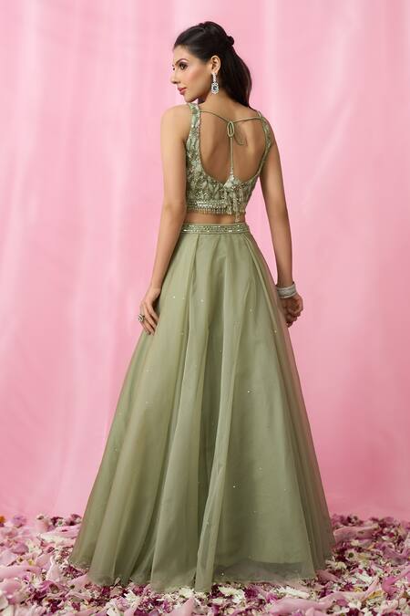 Aariyana Couture_Green Net, Organza Sequins, Cut Work Sweetheart Neck Embroidered Lehenga Set _at_Aza_Fashions
