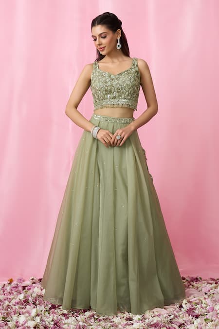 Shop_Aariyana Couture_Green Net, Organza Sequins, Cut Work Sweetheart Neck Embroidered Lehenga Set 