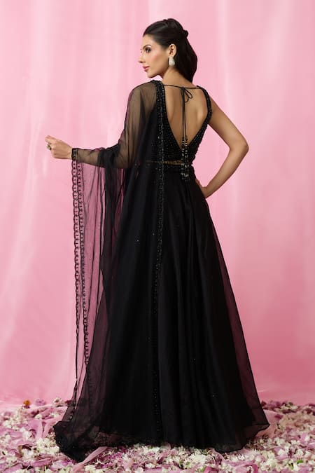 Shop_Aariyana Couture_Black Net, Organza Beads, Sequins V-neck Embellished Lehenga Set _at_Aza_Fashions