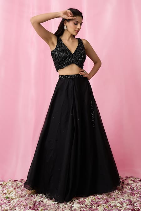 Aariyana Couture_Black Net, Organza Beads, Sequins V-neck Embellished Lehenga Set _Online_at_Aza_Fashions